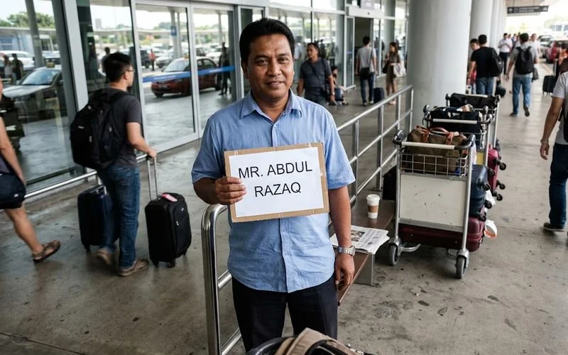 A driver in a clean sedan waiting at the arrivals hall with a name sign for an airport transfer pickup