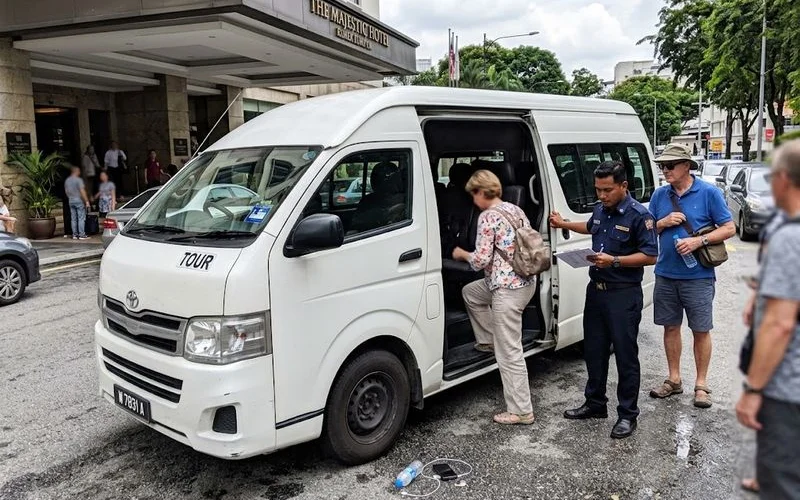 A small group of travellers boarding a minivan with a driver loading luggage before a Kuala Lumpur day tour departure