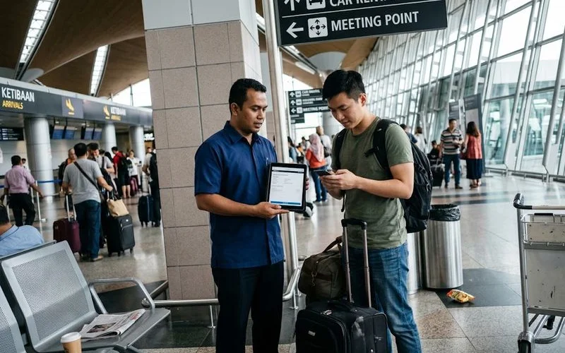 A traveller checking a booking confirmation on a phone while walking through an airport arrivals hall