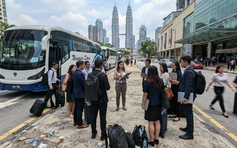A tour coordinator briefing a group of corporate attendees before boarding vehicles for a Kuala Lumpur group outing