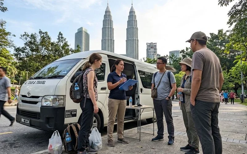A tour guide pointing out a landmark to a small group of travellers standing near a Kuala Lumpur attraction