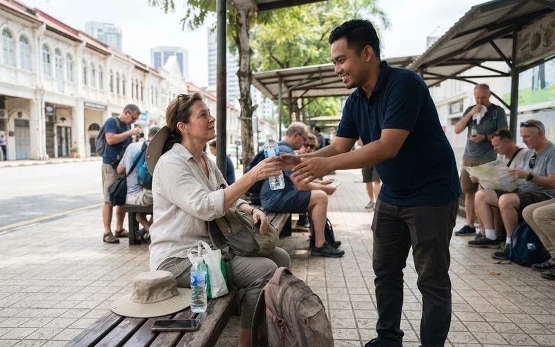 A tour guide handing a bottle of water to a traveller during a break on a Kuala Lumpur tour