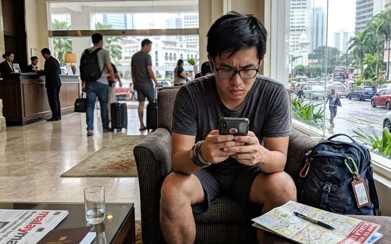 A traveller reading a cancellation notice message on a phone with a packed bag nearby