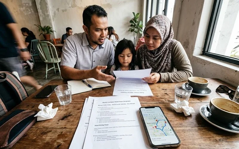 A family reviewing a halal-friendly itinerary brochure with a tour guide in a Kuala Lumpur hotel lobby