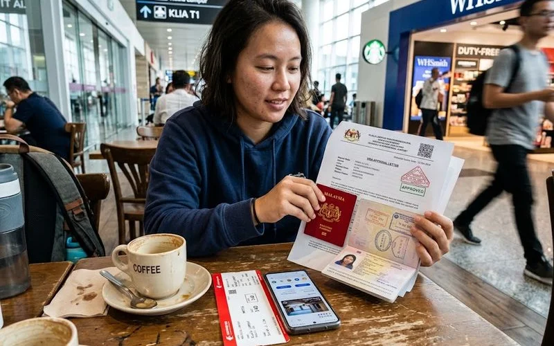A traveller reviewing a passport and visa documents at a desk before a Malaysia trip