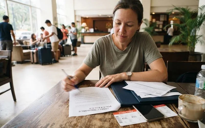 A traveller reviewing a printed travel insurance policy document alongside a passport and boarding pass