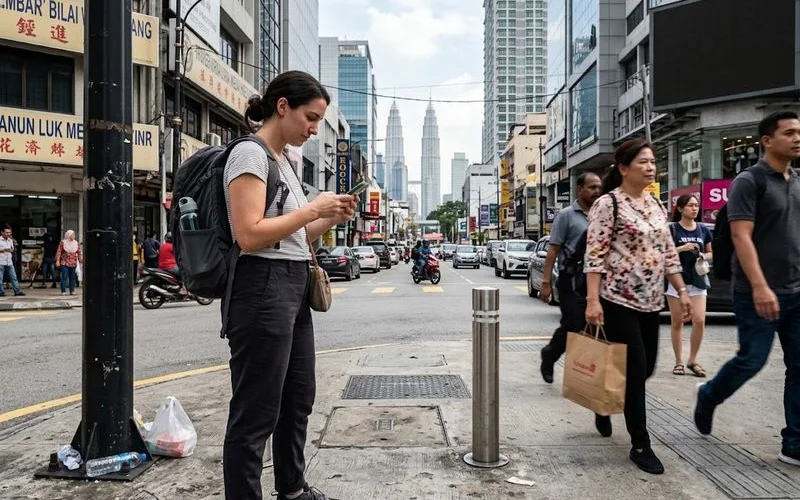 A solo traveller checking a map on their phone while standing near a Kuala Lumpur city landmark