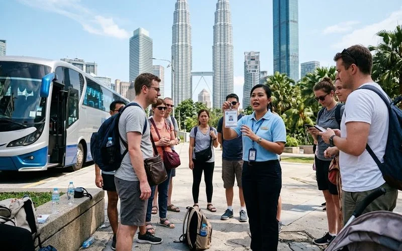 A tour guide showing an official identification badge to a small group before starting a Kuala Lumpur tour